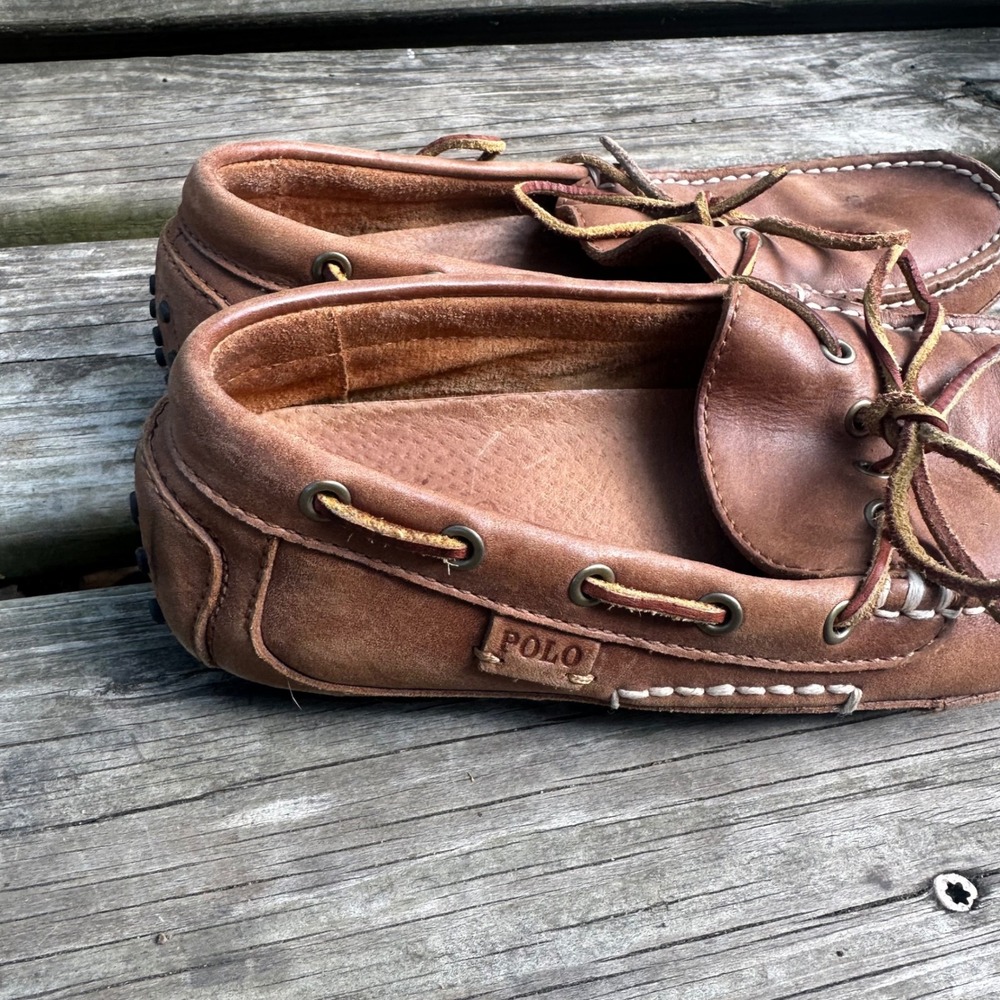 Polo Ralph Lauren Wyndings Tan Leather Driving Loafers Mens Sz 7 Brown Moc Toe - Picture 2 of 10